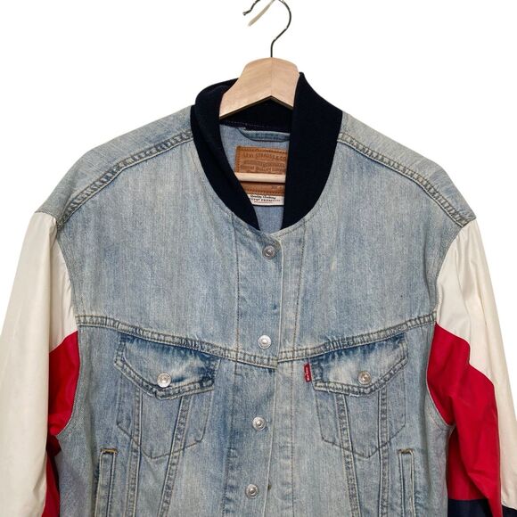 LEVI'S Premium Denim Bomber Blue/Red/White Jacket Snap Up Womens Small RARE 90s - Picture 5 of 16
